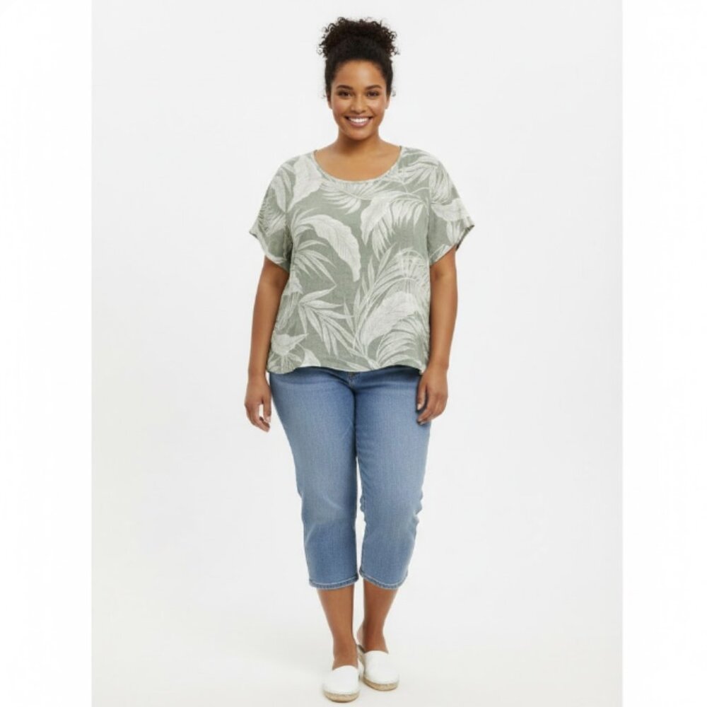 Tahari size 2X Gray Leaf Print Short Sleeve Pure Linen Blouse Vacation Summer